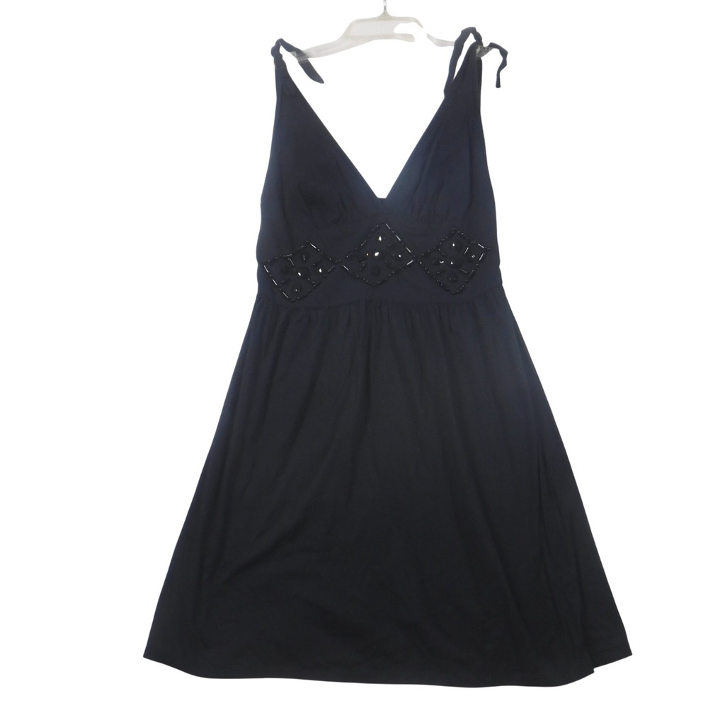 2 Bamboo Black Cotton Beaded Empire Waist Tie Strap Mini Dress Womens Size M